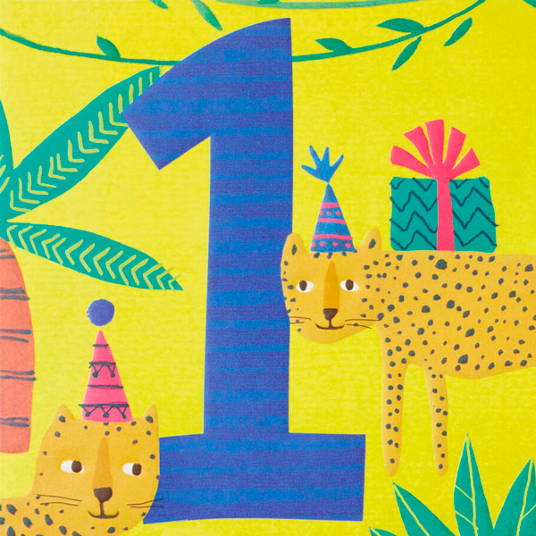A cut-paper collage of the number one surrounded by jungle plants and cheetahs in party hats.