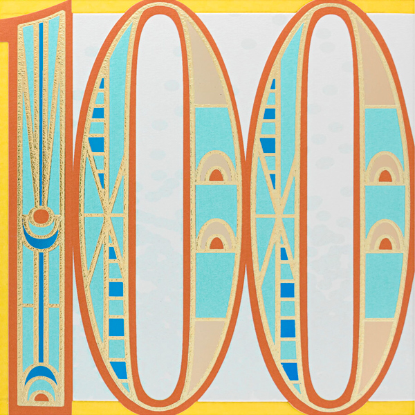 The number one hundred appears in an art-deco style font on a white background.