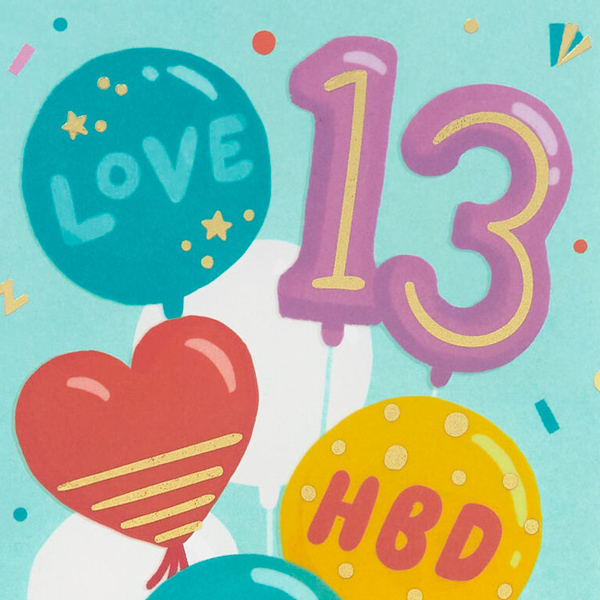 An illustration of the number thirteen surrounded by balloons that say things like