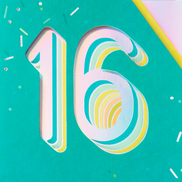 The number sixteen is cut out of a card front in a repeating pattern that makes it appear dimensional.