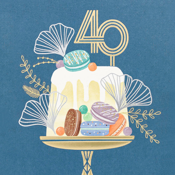 An illustration of a cake topped with macarons and a cake topper with the number forty on it.