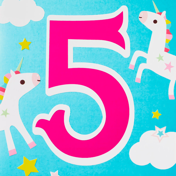 An illustration of the number five surrounded by clouds and white unicorns with brightly colored manes.