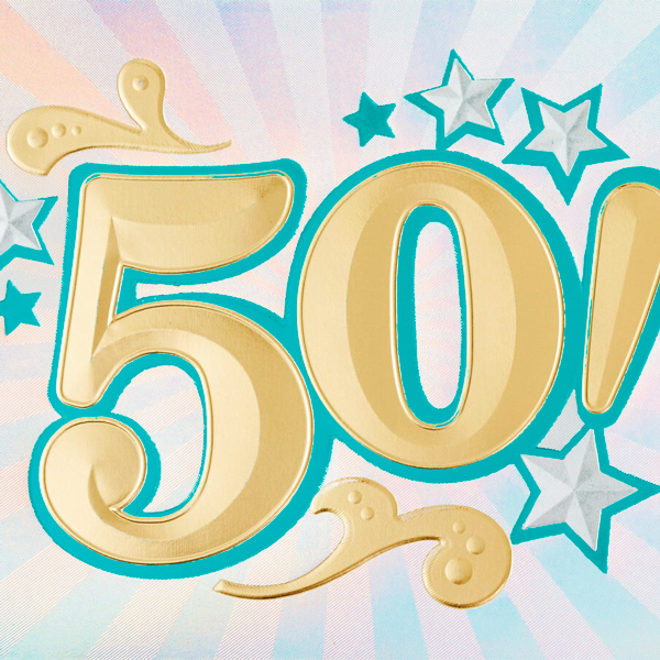 A gold foil number fifty appears on a pastel background.