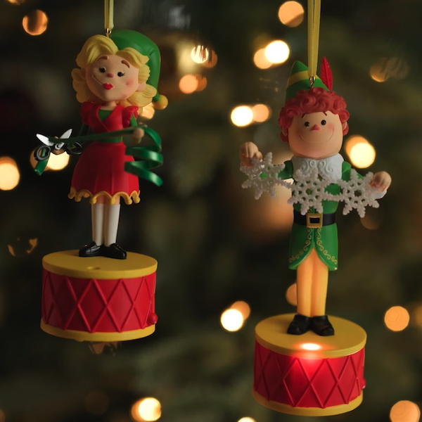 Two Keepsake Ornaments featuring the animated likeness of Buddy the Elf and Jovie from the Christmas movie, 