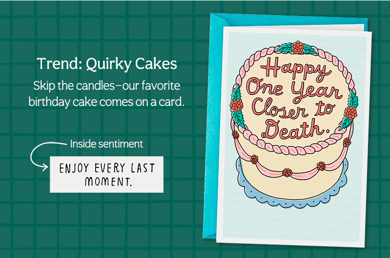 A card with an illustration of a cake on the front with the message