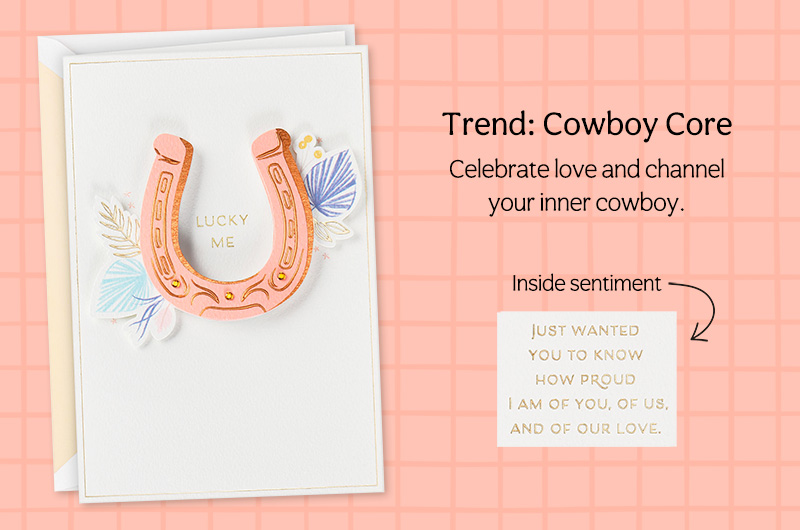 A card with a dimensional papercraft horseshoe and a message in gold lettering that reads,