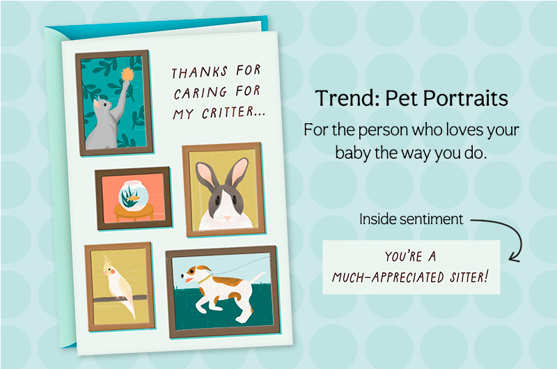 A card with several illustrated framed pet portraits on the front, along with a message that reads,