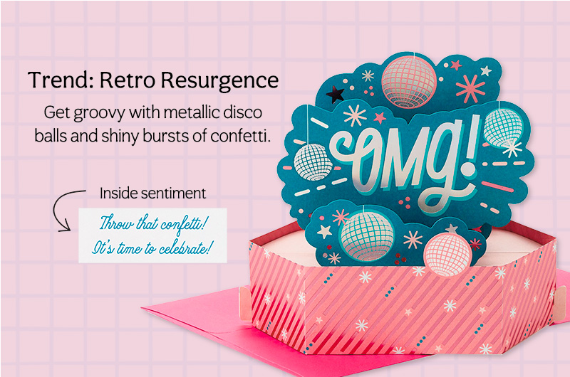A pop-up card featuring illustrations of disco balls and a message that reads
