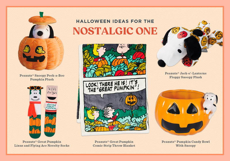 A collection of Peanuts Halloween gifts for a nostalgic Halloween night in at home with friends or family, including a jack-o-lantern shaped candy bowl with a little Snoopy attached to the rim, a floppy plush Snoopy covered in a jack-o-lantern pattern, an interactive plush in the form of a jack-o-lantern with Snoopy