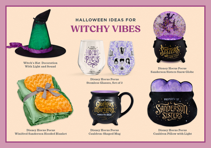 A collection of gifts for a witch-themed Halloween night in with friends or family, including a Disney Hocus Pocus light-up cauldron pillow, a cauldron shaped mug, a pair of stemless wine glasses, a glittery, light-up water globe and Winifred Sanderson hooded blanket, as well as a motion-activated witch hat decoration with light and sound.