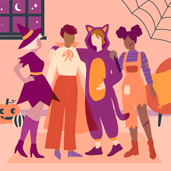 An illustration of adult friends dressed in different costumes and gathered in a home for a Halloween celebration.