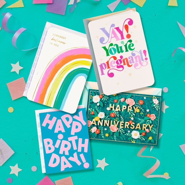 A collection of four colorful greeting cards for different occasions, including birthday, pregnancy, anniversary and thinking of you, laying on a turquoise background scattered with colorful confetti.