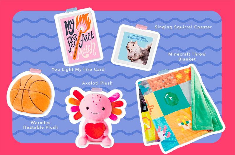 A collection of gift ideas for a boyfriend that include a plush axolotl holding a heart, a warmable plush basketball, a plush throw blanket featuring icons and imagery from the video came Minecraft, a coaster featuring an image of a squirrel with its mouth open as if to sing the caption above, a lyric from the song, 
