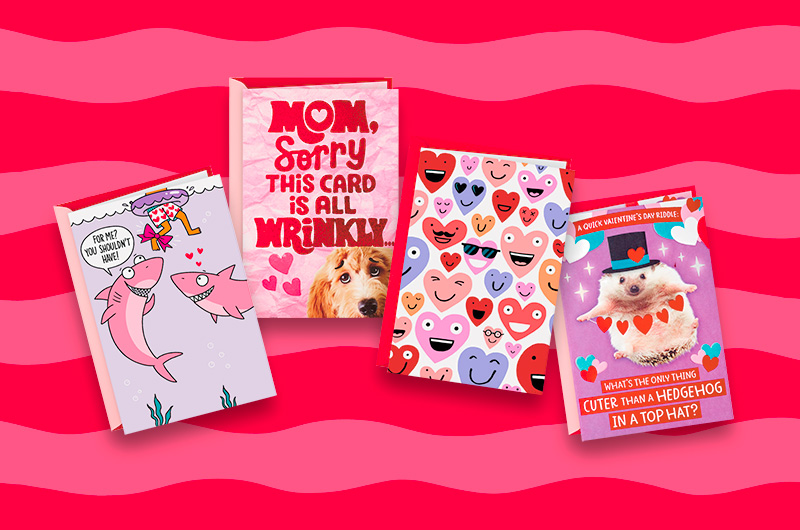 A collection of funny Valentine's Day cards featuring sharks, dogs, hedgehogs and cartoon hearts making different smiling faces.