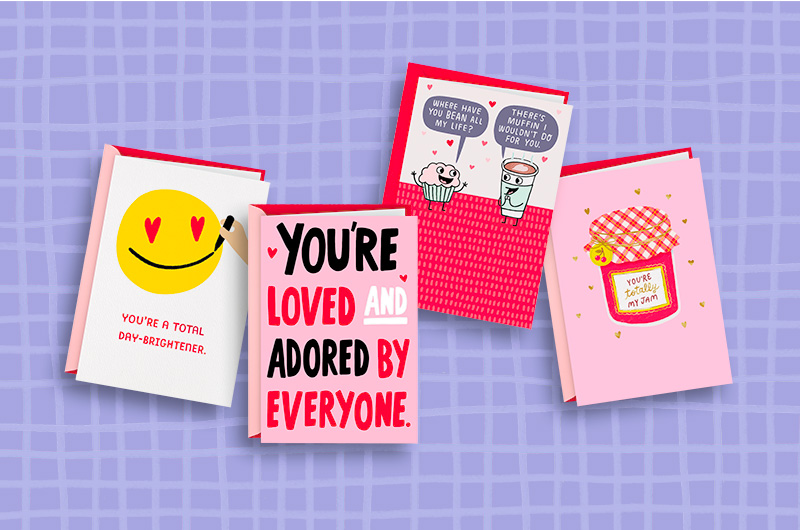 A collection of funny Shoebox Valentine's Day cards; the fronts of the cards respectively read, 